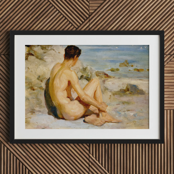 Boy on a Beach - Henry Scott Tuke Art Print / Canvas Black Framed Painting Seated Nude Man Beach Scott Tuke Cornish Art, Body’s Mute