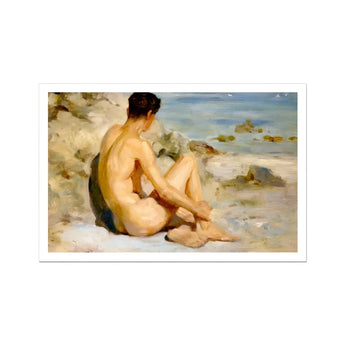 Boy on a Beach - Henry Scott Tuke Art Print / Canvas Nude Man Seated Beach Scott Tuke Cornish Art, Body’s Mute Architecture, Soft Umbers Lap