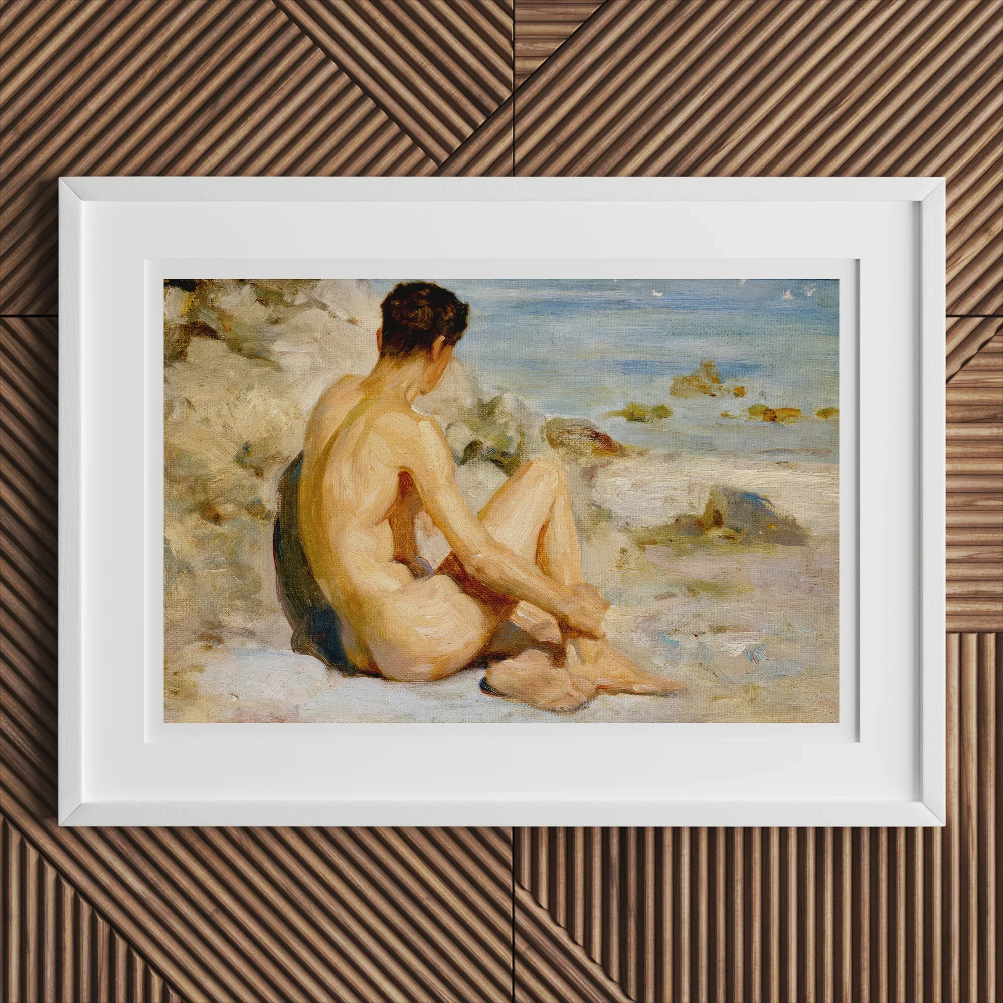 Boy on a Beach - Henry Scott Tuke Cornish Art Print, Framed Painting Nude Man Sea