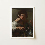 Boy Bitten by a Lizard - Caravaggio Baroque Art Print / Canvas, Italian Shock, Stone Ledge Strewn, Pale Yellow-green Fruits, Nerve-split