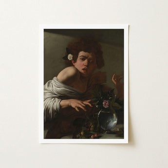 Boy Bitten by a Lizard - Caravaggio Baroque Art Print / Canvas, Italian Shock, Stone Ledge Strewn, Pale Yellow-green Fruits, Nerve-split