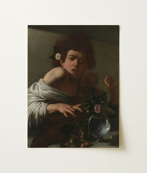 Reproduction Caravaggio’s ?The Saint Matthew” Young Man Dark Boy Bitten, Italian Baroque Shock, Stone Ledge Strewn, Pale Yellow-green Fruits,