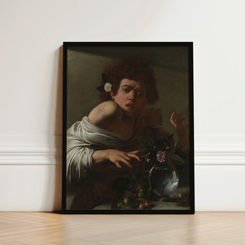 Black-framed Reproduction Caravaggio’s ?The Girl Rose” Young Woman Boy Bitten, Italian Baroque Shock, Stone Ledge Strewn, Pale Yellow-green F