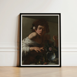 Black-framed Reproduction Caravaggio’s ?The Girl Rose” White Mat Boy Bitten, Italian Baroque Shock, Stone Ledge Strewn, Pale Yellow-green F