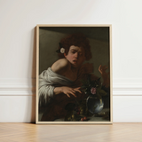 Framed Reproduction Caravaggio’s ?Bacchus” Light Wood Frame Figure Boy Bitten, Italian Baroque Shock, Stone Ledge Strewn, Pale Yellow-green F