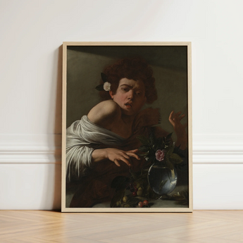 Framed Reproduction Caravaggio’s ?Bacchus” Light Wood Frame Figure Boy Bitten, Italian Baroque Shock, Stone Ledge Strewn, Pale Yellow-green F