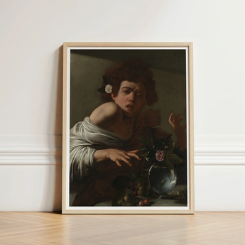 Framed Reproduction Caravaggio’s ?The Girl Rose” Young Woman Boy Bitten, Italian Baroque Shock, Stone Ledge Strewn, Pale Yellow-green Fruits,
