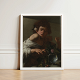 White-framed Reproduction Caravaggio’s ?The Girl Rose” Young Woman Boy Bitten, Italian Baroque Shock, Stone Ledge Strewn, Pale Yellow-green F