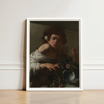 White-framed Reproduction Caravaggio’s ?The Girl Rose” Young Woman Boy Bitten, Italian Baroque Shock, Stone Ledge Strewn, Pale Yellow-green F