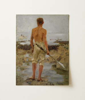 Boy with an Oar - Henry Scott Tuke Art Print / Canvas Vintage-style Oil Painting Shirtless Man Light-colored Shorts Barefoot