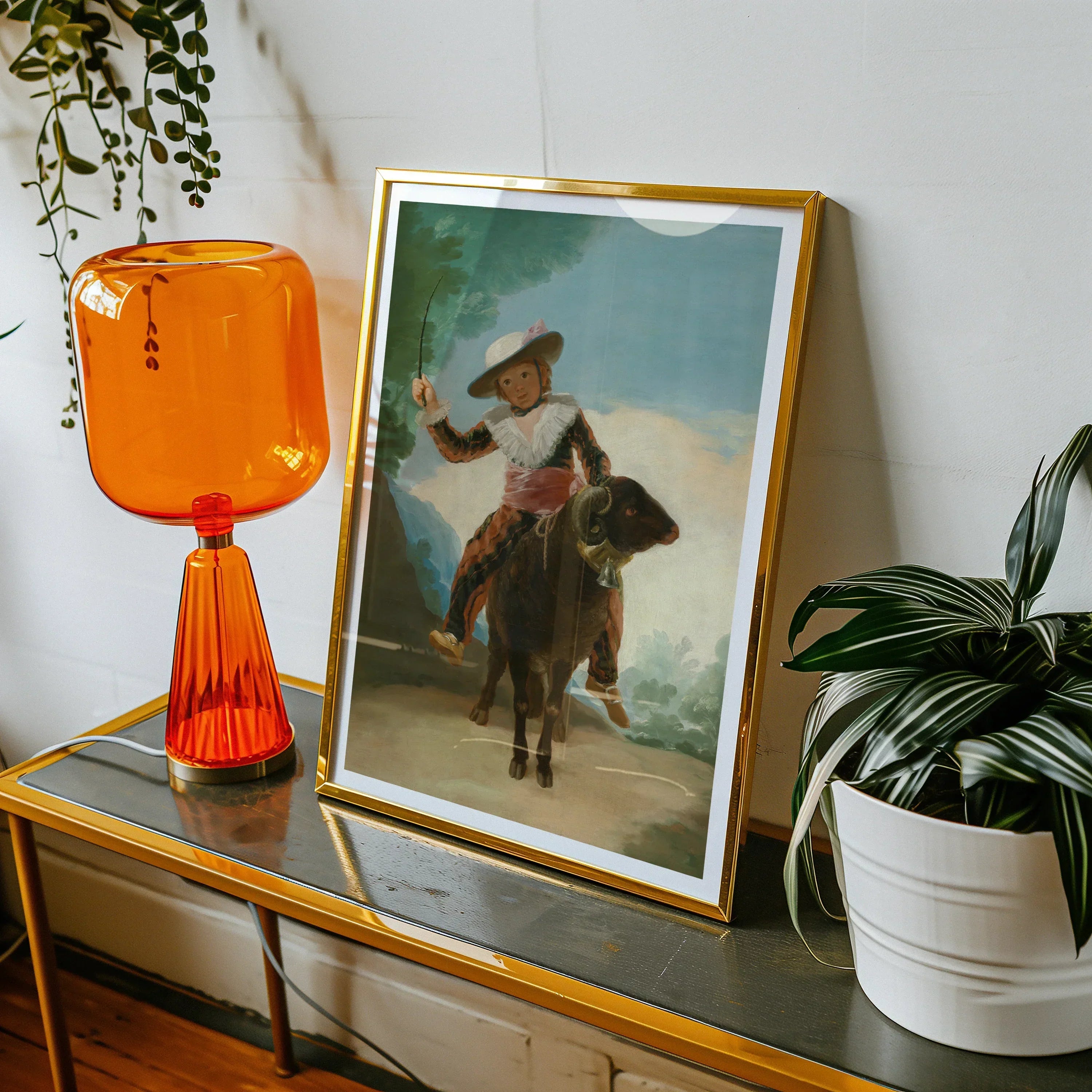 Boy on a Ram Francisco Goya Romanticism Art Print, 18x24’’ / 46x61cm / Unframed, Bright Orange Glass Table Lamp Ribbed Texture