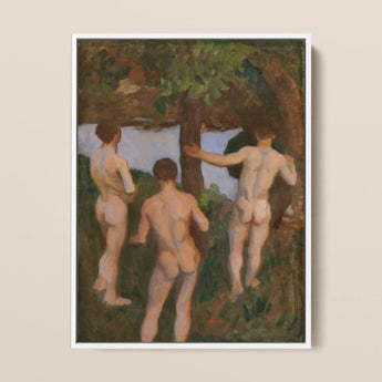 Boys on the Beach - Károly Ferenczy Fine Art Print / Canvas Framed Oil Painting Three Nude Figures Wooded Rendered Ferenczy Fine Art,