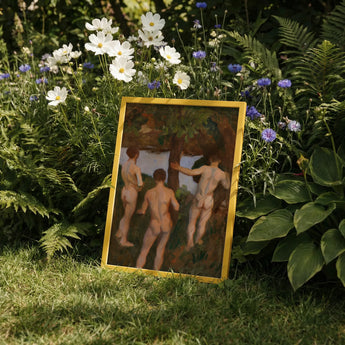Boys on the Beach - Károly Ferenczy Fine Art Print / Canvas Framed Painting Golden Border Three Nude Figures Outdoor Ferenczy Fine Art,