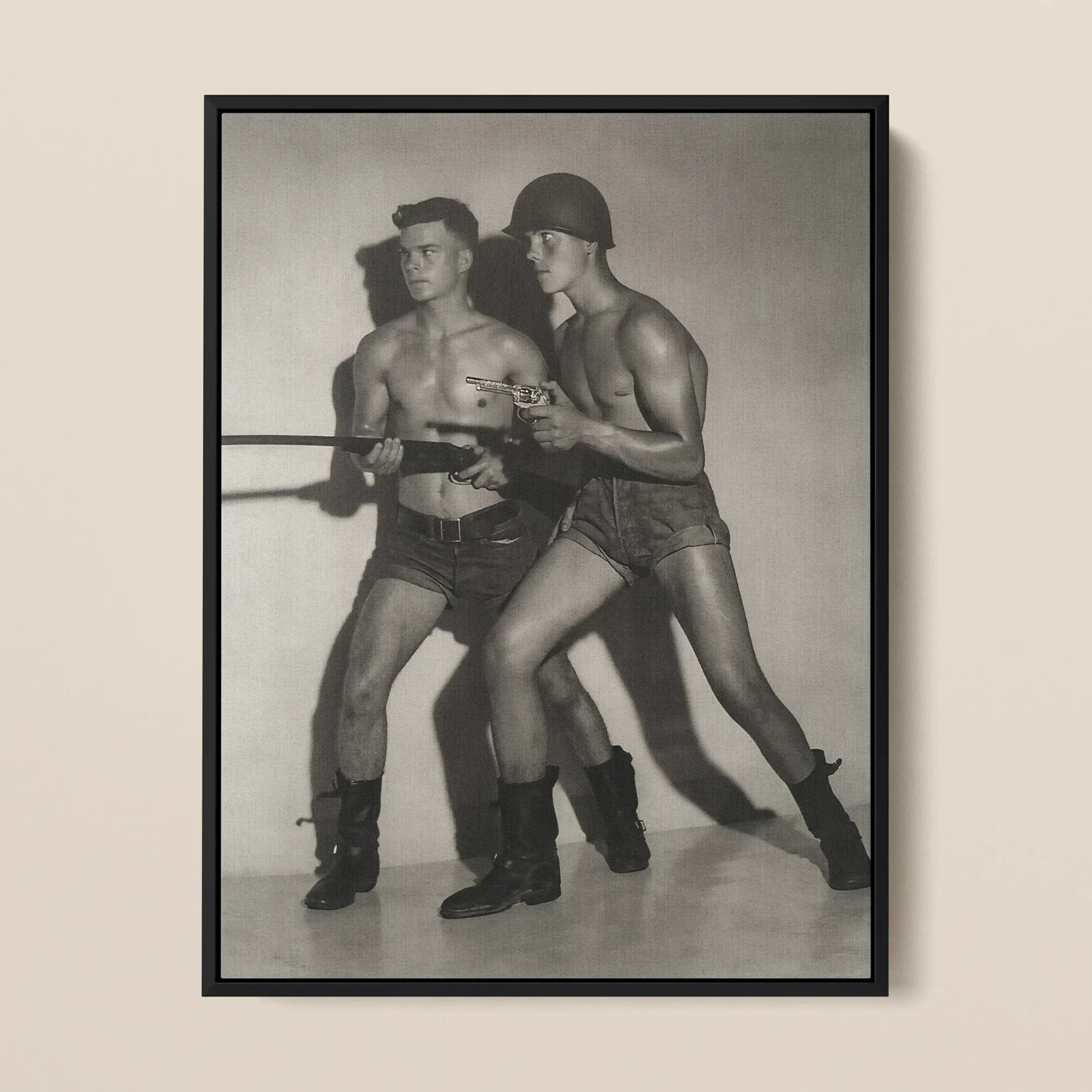 Boys Toys - Jack Swann & Bruno Gomm - Bob Mizer Framed Canvas, Black White Photograph Two Shirtless Men Weapons Staged