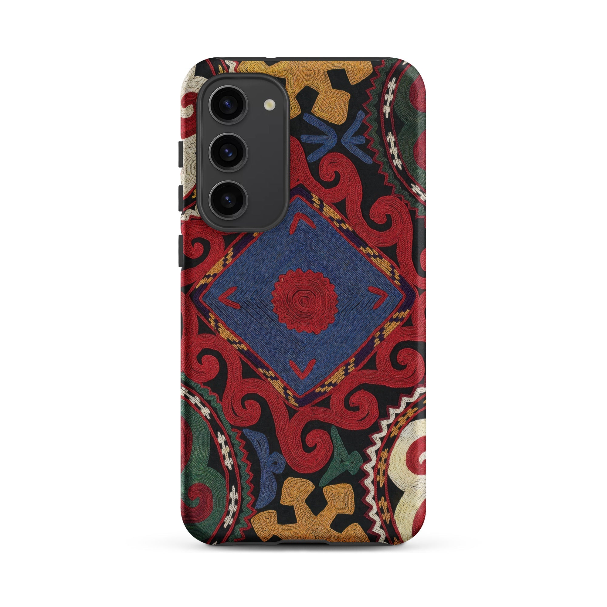 Braided Uzbekistan Textile Art Samsung Case, Galaxy S23 Plus / Matte, Phone Case Colorful Intricate Pattern Central Blue Square