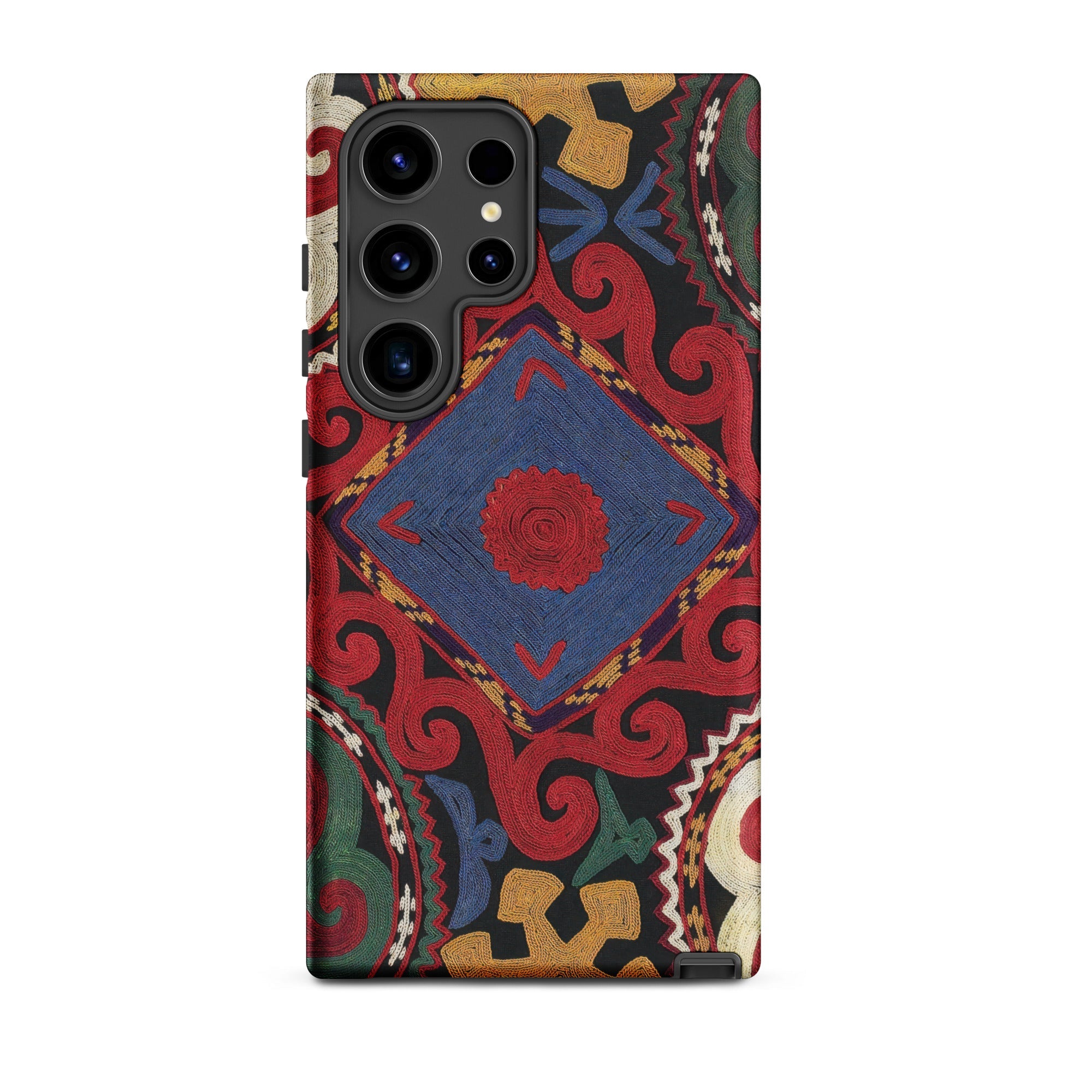 Braided Uzbekistan Textile Art Samsung Case, Galaxy S24 Ultra / Matte, Smartphone Case Colorful Ornate Design Central Blue Diamond