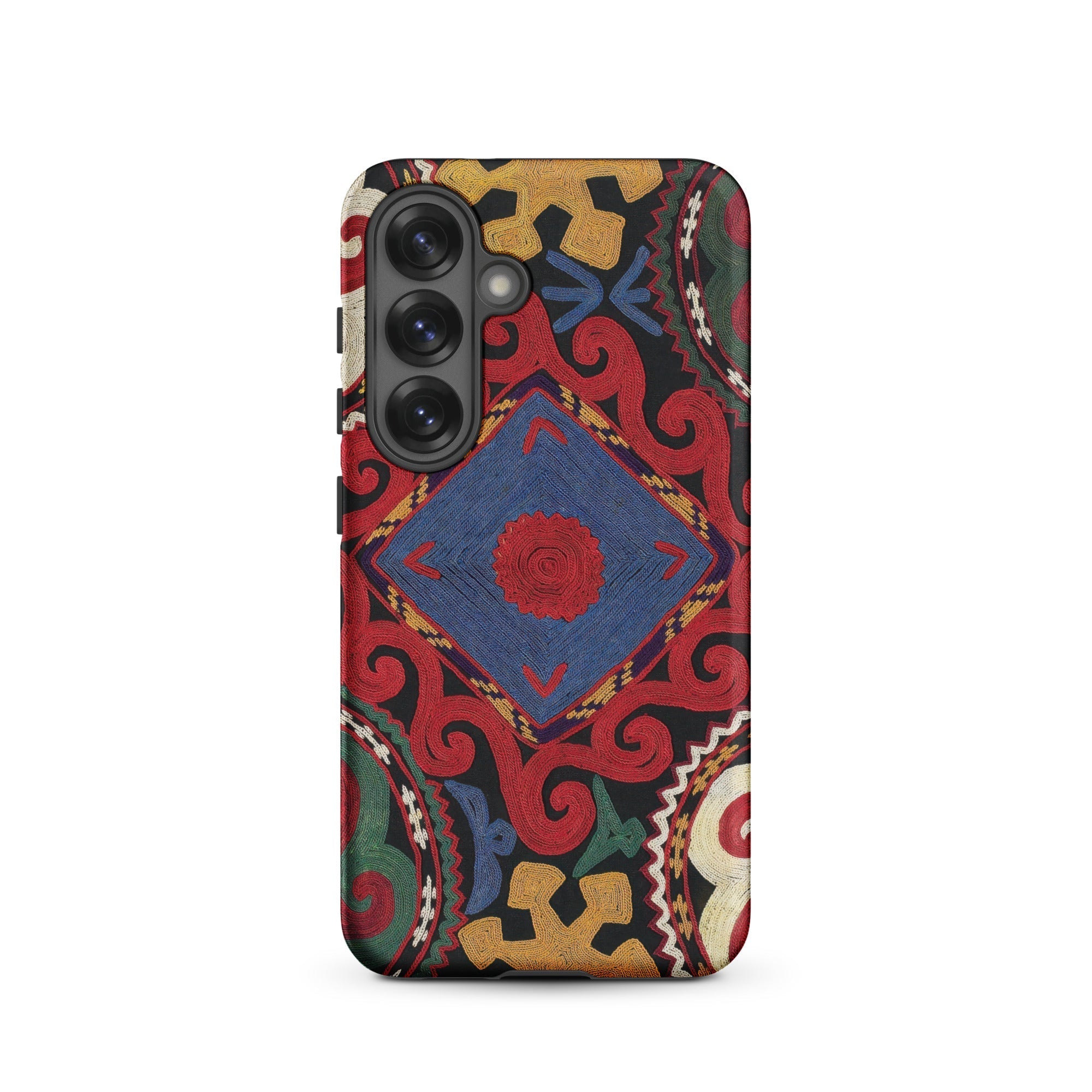 Braided Uzbekistan Textile Art Samsung Case, Galaxy S25 / Matte, Black Smartphone Case Colorful Intricate Floral Geometric Pattern