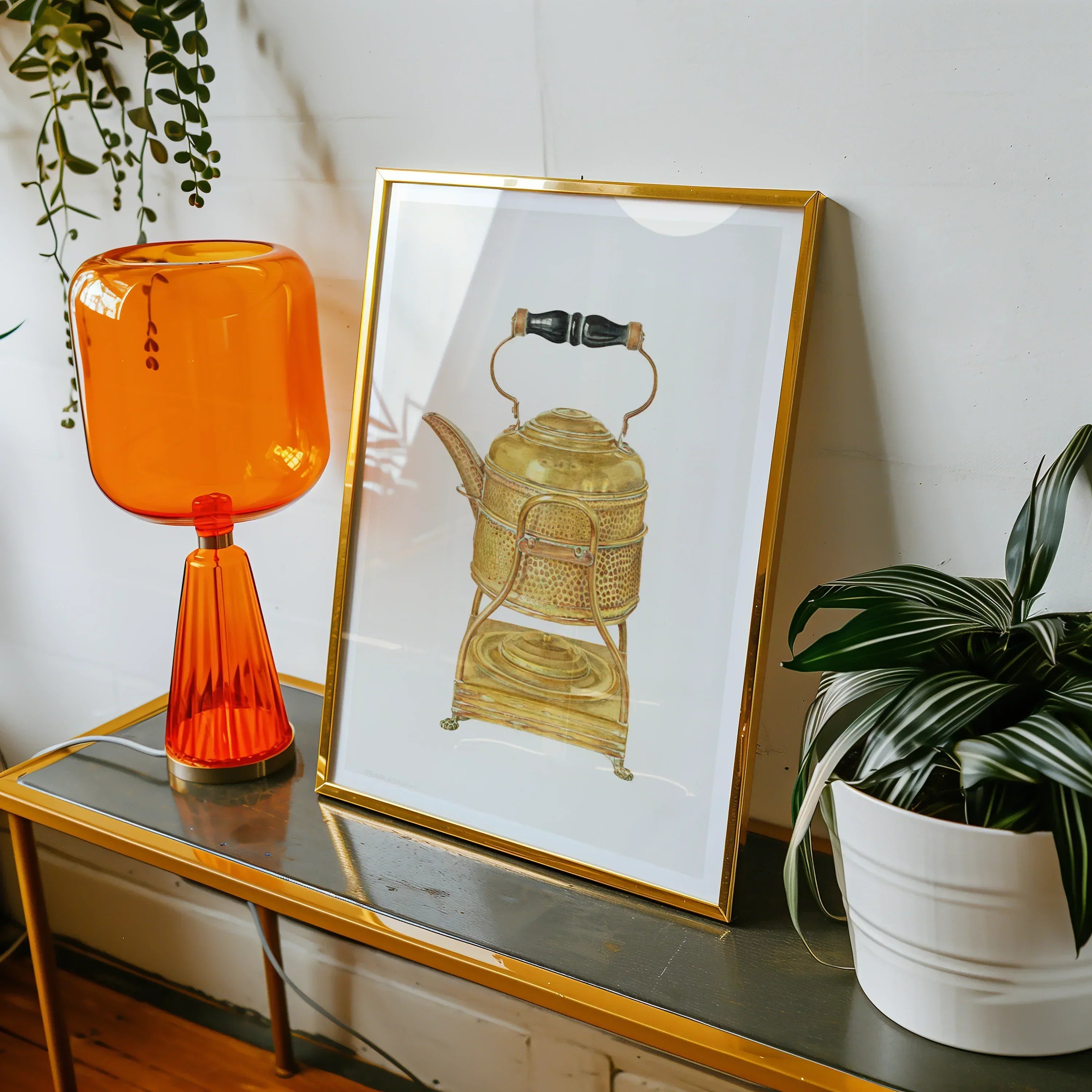 Brass Kettle Frank M. Keane 1930s Kitchen Art Print, 18x24’’ / 46x61cm / Unframed, Framed Artwork Golden Vintage Teapot Kettle