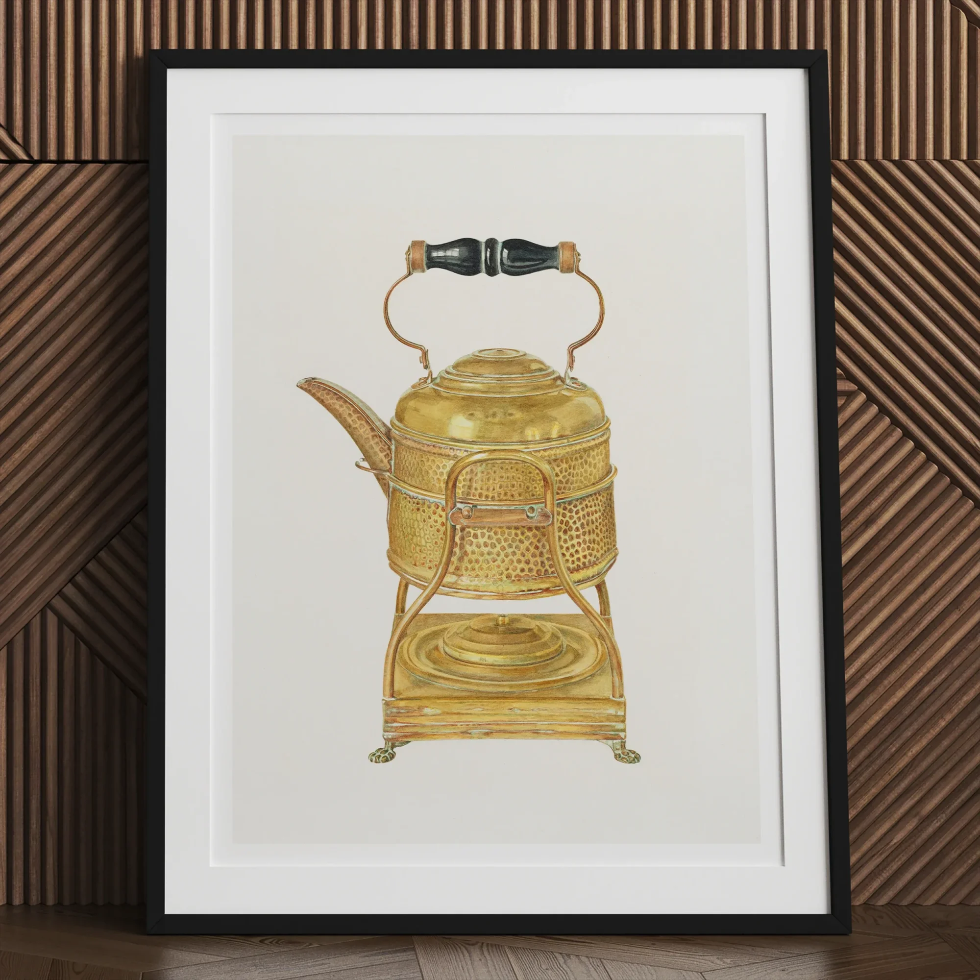 Brass Kettle - Frank M. Keane 1930s Kitchen Art Print, 24x32’’ / 61x81cm / Unframed, Ornate Golden Teapot Stand