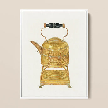 Brass Kettle - Frank M. Keane 1930s Kitchen Art Print / Canvas Golden Hammered Brass Kettle Black Wood-handled Spout Ornate Keane