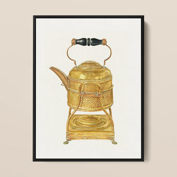 Brass Kettle - Frank M. Keane 1930s Kitchen Art Print / Canvas Vintage-style Brass Tea Kettle Hammered Texture Black Wooden Keane