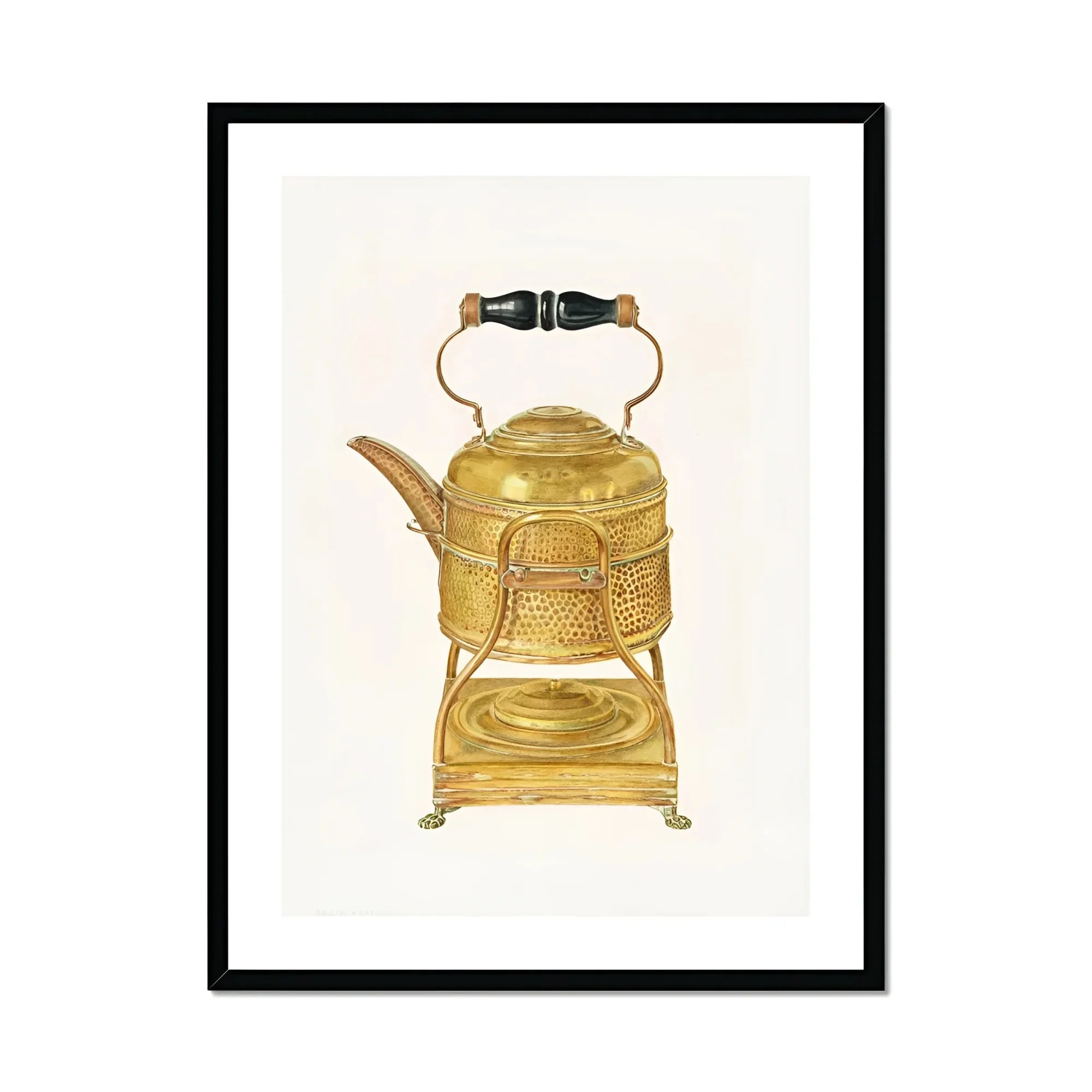 Brass Kettle - Frank M. Keane 1930s Kitchen Art Print, Ornate Brass Teapot Black Handle Stand