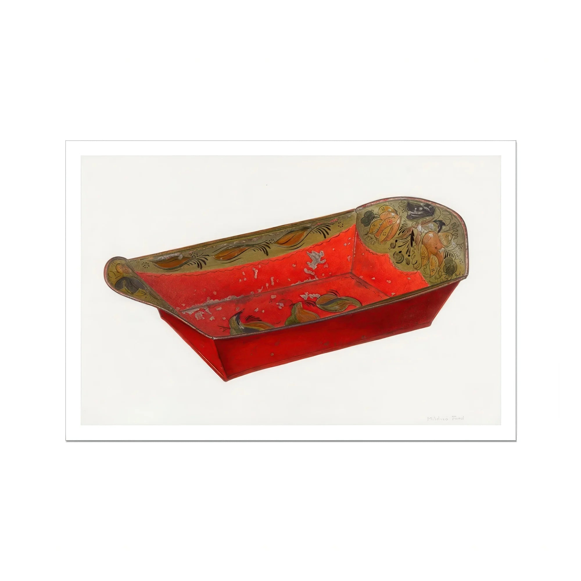 Bread Tray - Mildred Ford 1930s Kitchen Art Print, Red Gold Decorated Tray Ornate Floral Designs