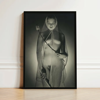 Black-framed Black-and-white Photographic Print Woman Draped Mesh Fabric Wide-mesh Fishing Net, Drapes, Open Lattice Pressing,