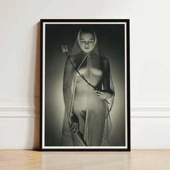 Black-framed Black-and-white Photographic Print Woman Draped Mesh Fabric Wide-mesh Fishing Net, Drapes, Open Lattice Pressing,