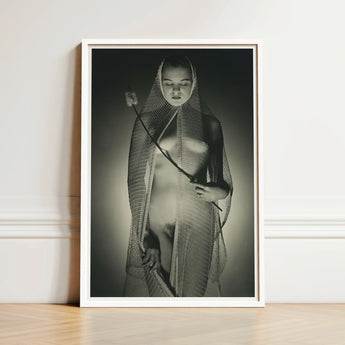 Black-and-white Framed Photograph Woman Draped Delicate Mesh Veil Wide-mesh Fishing Net, Drapes, Open Lattice Pressing, Shadow-diamonds,