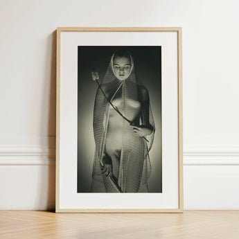 The Bride - Max Dupain Art Print / Canvas Black-and-white Framed Photograph Light Wood Frame Woman Draped Wide-mesh Fishing Net, Drapes,