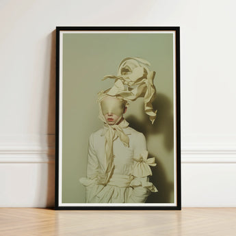 Framed Art Print Figure Off-white Draped Fabric Ensemble Surreal High Fashion, Ethereal Metamorphosis, where Breathes, Vision