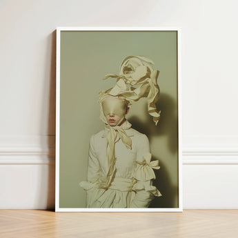 Framed Art Print Figure Off-white Draped Fabric Ensemble Surreal High Fashion, Ethereal Metamorphosis, where Breathes, Vision