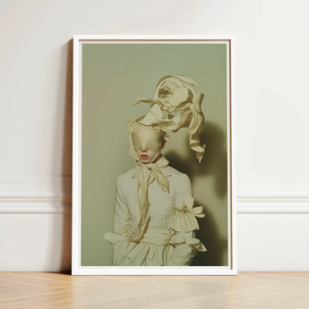 Framed Art Print Figure Off-white Draped Fabric Ensemble Surreal High Fashion, Ethereal Metamorphosis, where Breathes, Vision