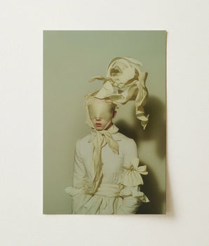 Cream-colored Satin Ribbon Art Print Figure Elegant Draped Surreal High Fashion, Ethereal Metamorphosis, where Fabric Breathes, Vision