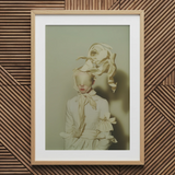 Bright Side - Surreal High Fashion Art Print / Canvas White Lace Dress Bow Ribbon Framed Light Wood Surreal High Fashion, Ethereal