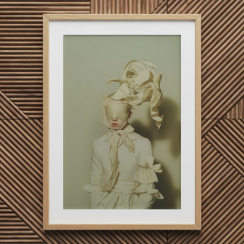Bright Side - Surreal High Fashion Art Print / Canvas White Lace Dress Bow Ribbon Framed Light Wood Surreal High Fashion, Ethereal