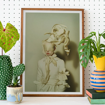Bright Side - Surreal High Fashion Art Print, Framed Portrait Person Draped White Fabric
