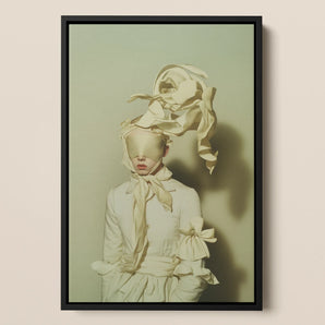Bright Side Surreal High Fashion Framed Canvas, Surreal Artwork Figure White Clothing Ribbon Like Elements Upper