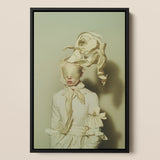 Bright Side Surreal High Fashion Framed Canvas, Surreal Artwork Figure White Clothing Ribbon Like Elements Upper