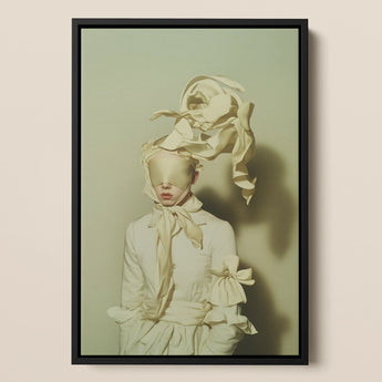 Bright Side Surreal High Fashion Framed Canvas, Surreal Artwork Figure White Clothing Ribbon Like Elements Upper