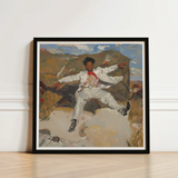 Black-framed Art Print Painted Portrait Person Elaborate White Red Knot Pulsing, Fine, Light