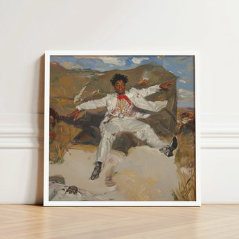 White-framed Artwork Man Ornate White Suit Red Accents Knot Pulsing, Fine Art Print, Light