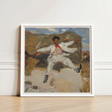 White-framed Artwork Man Ornate White Suit Red Accents Knot Pulsing, Fine Art Print, Light
