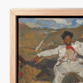 Framed Oil Painting Man White Attire Gold Chains Red Knot Pulsing, Fine Art Print, Light