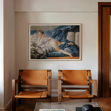 Brunette Odalisque - Francois Boucher Nude Art Print, 48x40’’ / 122x101cm / Unframed, Two Tan Leather Mid-century Modern Armchairs