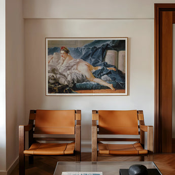 Brunette Odalisque - Francois Boucher Nude Art Print, 48x40’’ / 122x101cm / Unframed, Two Tan Leather Mid-century Modern Armchairs