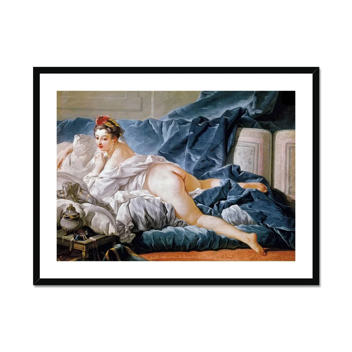 Brunette Odalisque - Francois Boucher Nude Art Print, Classical Painting Figure Luxurious Blue White Bedding