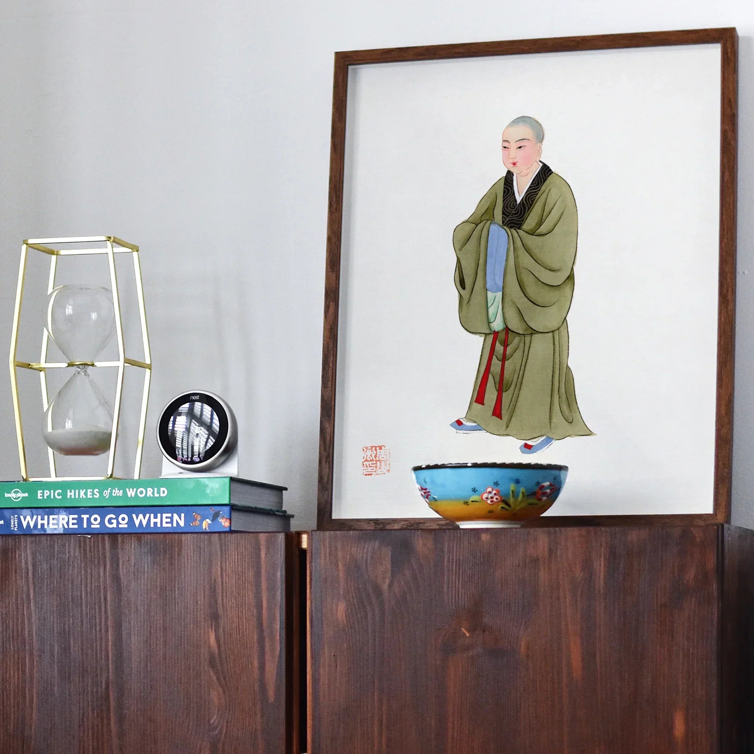 Buddhist Monk Qing Dynasty Clothing Art Print, 16x20’’ / 41x51cm / Unframed, Framed Traditional Asian Artwork Figure Green Robes