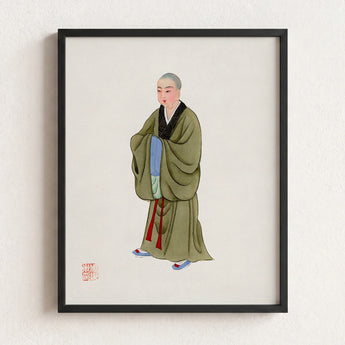 Framed Illustration Buddhist Monk Olive-green Robes Black Red Chinese, Qing Dynasty Manchu Clothing, Art